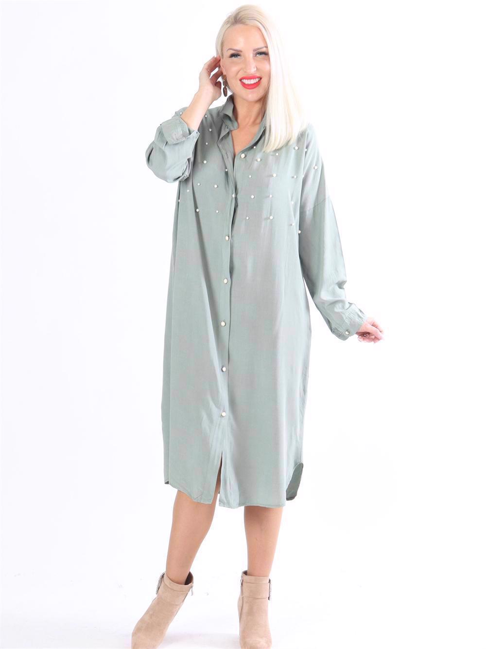 Jules - Lång skjortklänning med vita pärlor